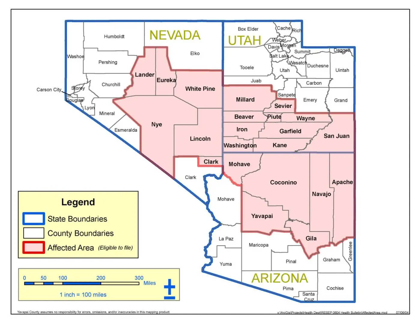 Downwinders Maps | Covered Counties - Arizona, Nevada & Utah